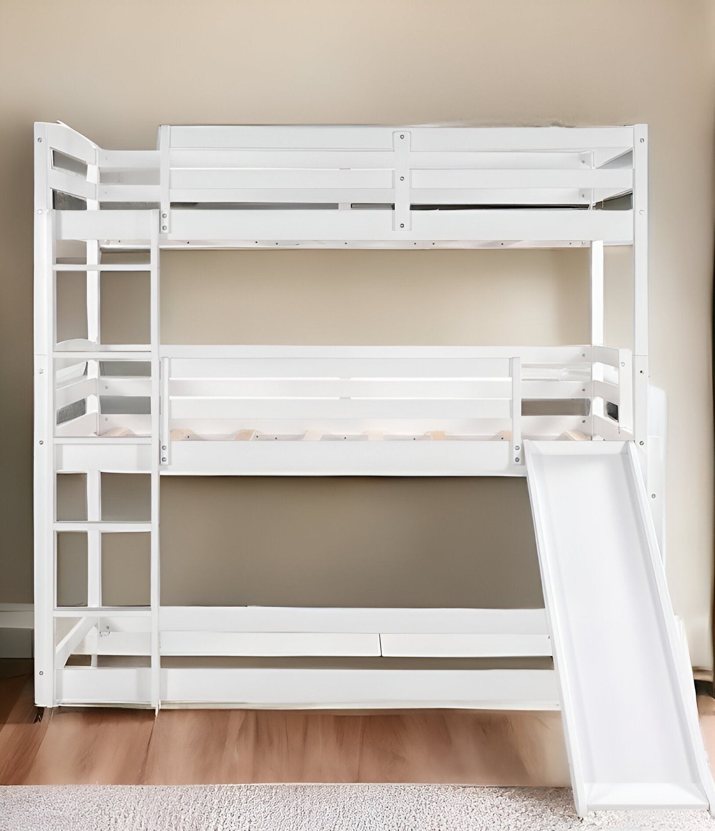 White Triple Bunk Twin Sized Bed with Slide - Bunk Beds