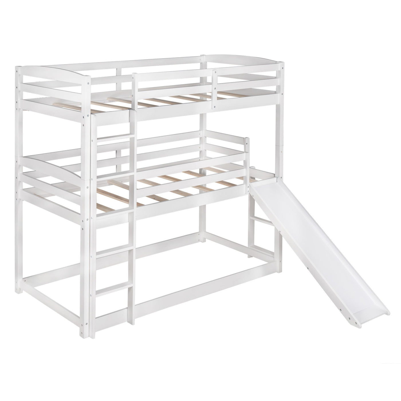 White Triple Bunk Twin Sized Bed with Slide - Bunk Beds