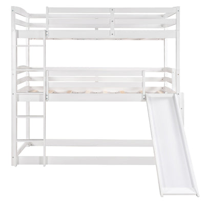 White Triple Bunk Twin Sized Bed with Slide - Bunk Beds