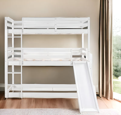 White Triple Bunk Twin Sized Bed with Slide - Bunk Beds