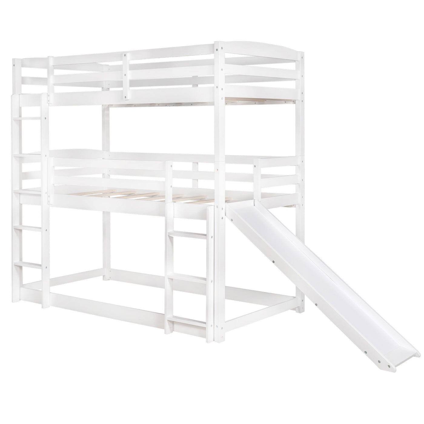 White Triple Bunk Twin Sized Bed with Slide - Bunk Beds