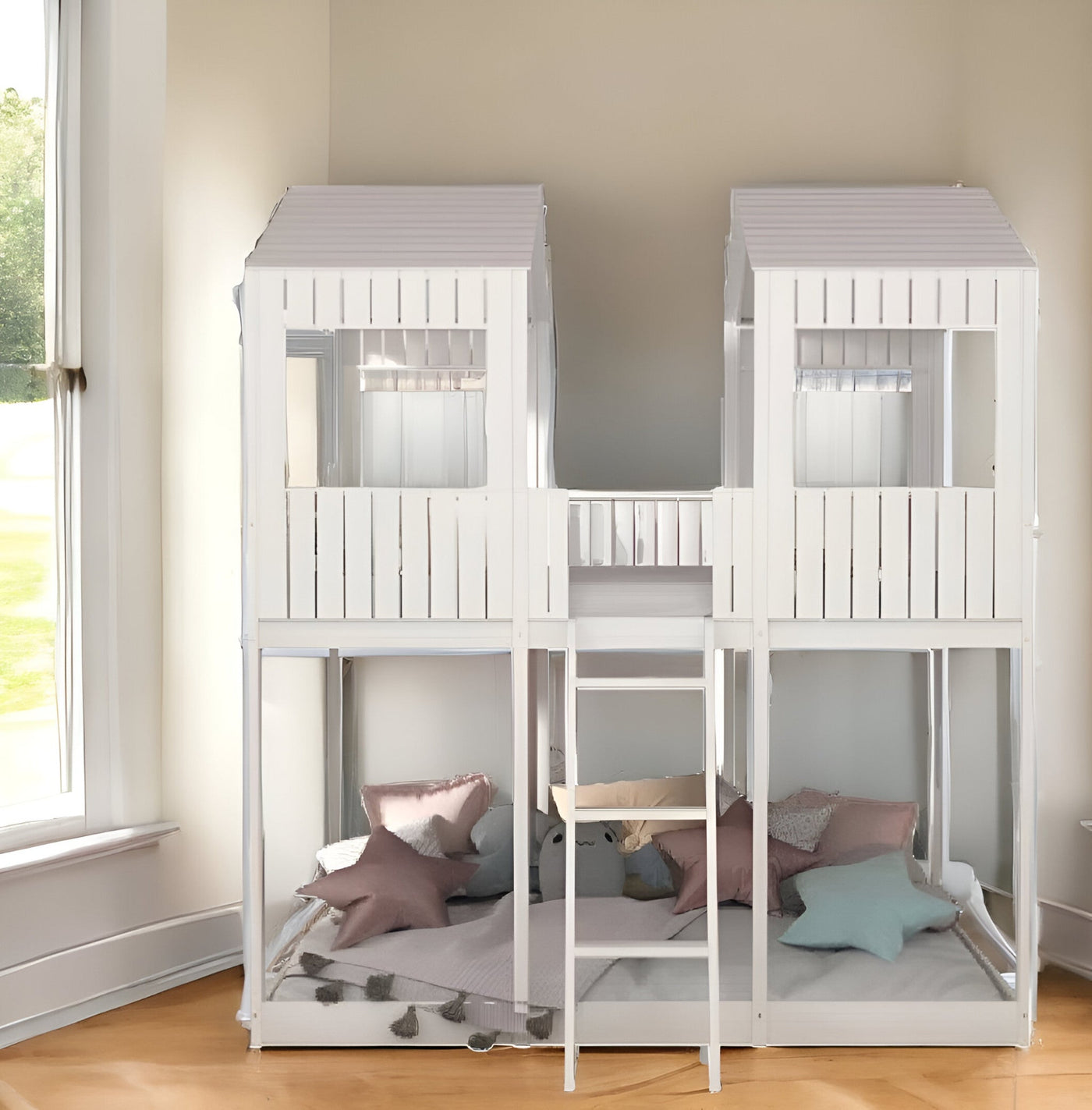 White Twin Contemporary Manufactured Wood + Solid Wood Bunk Bed - Bunk Beds