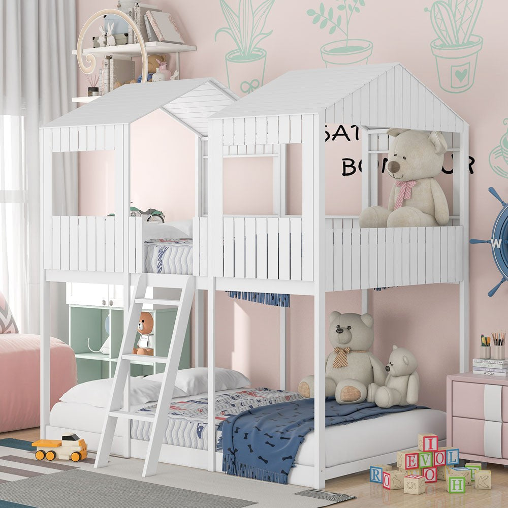 White Twin Contemporary Manufactured Wood + Solid Wood Bunk Bed - Bunk Beds