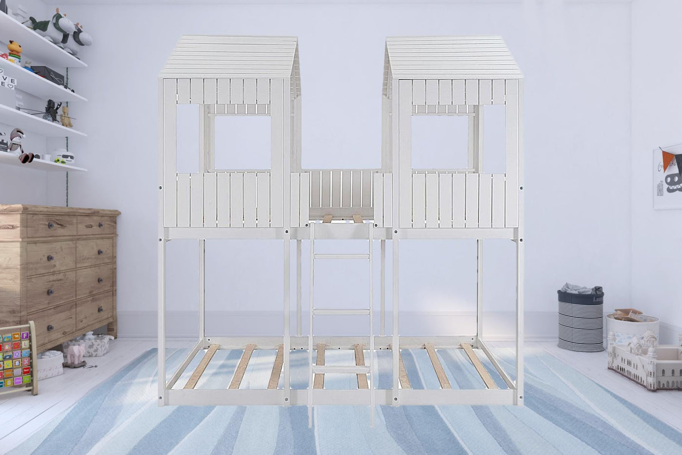 White Twin Contemporary Manufactured Wood + Solid Wood Bunk Bed - Bunk Beds