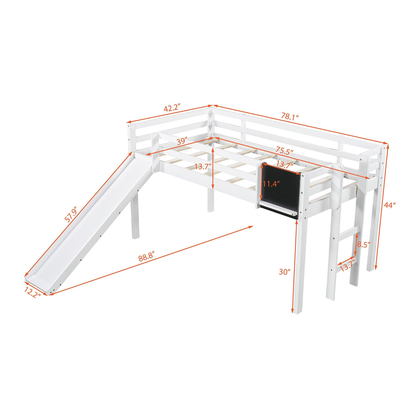 White Twin Loft Bed Bed Chalkboard and Slide - Loft Beds