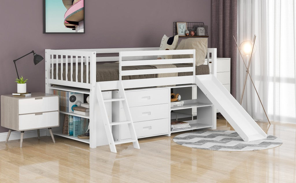 White Twin Loft Bed With Cabinet and Shelves - Loft Beds