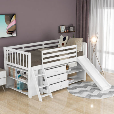 White Twin Loft Bed With Cabinet and Shelves - Loft Beds