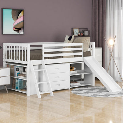 White Twin Loft Bed With Cabinet and Shelves - Loft Beds