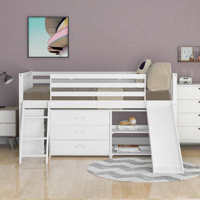 White Twin Loft Bed With Cabinet and Shelves - Loft Beds