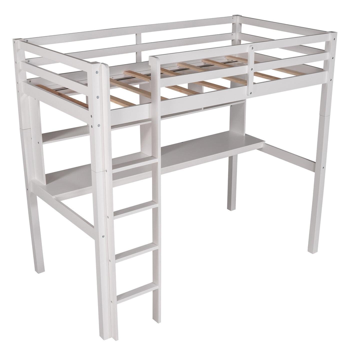 White Twin Loft Bed With Desk and Shelves - Loft Beds