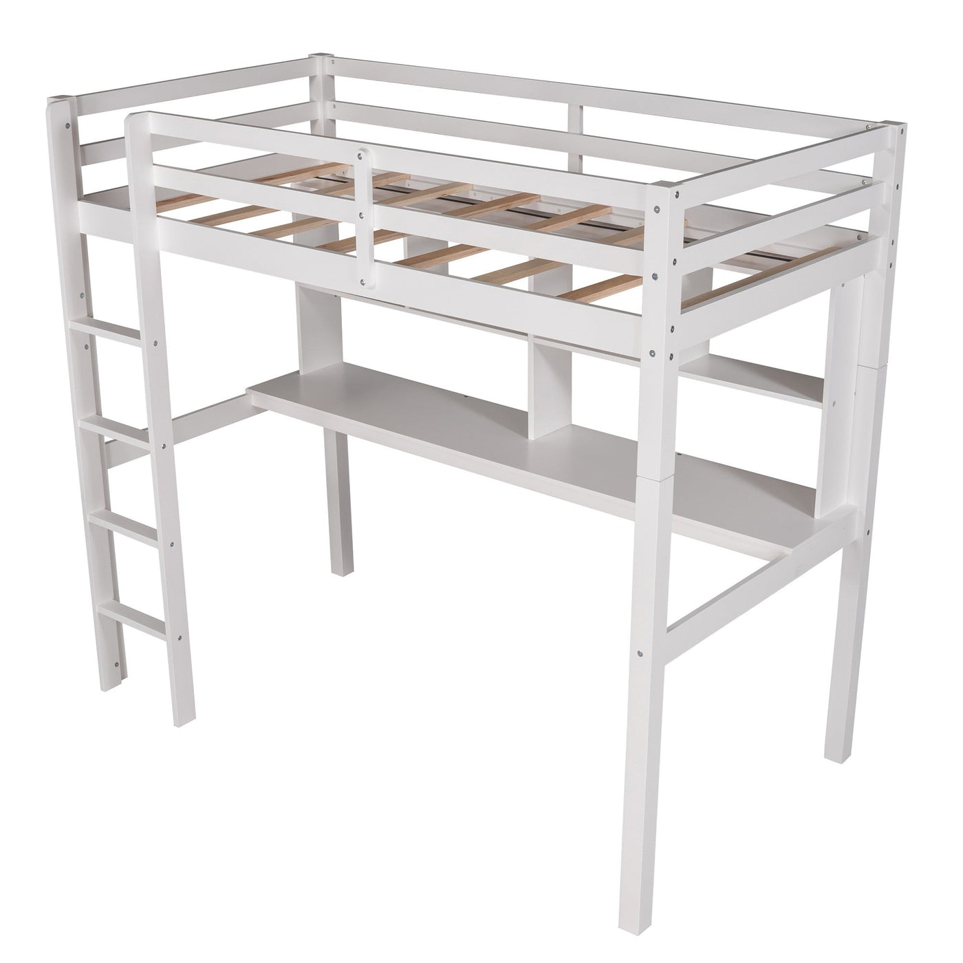 White Twin Loft Bed With Desk and Shelves - Loft Beds