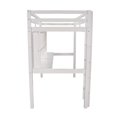 White Twin Loft Bed With Desk and Shelves - Loft Beds