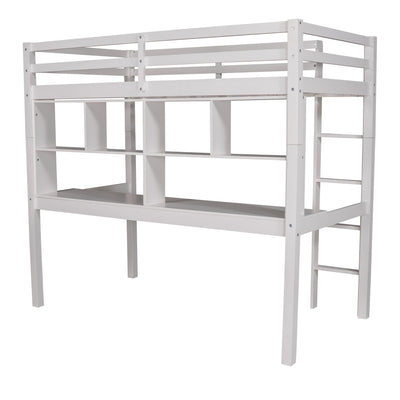 White Twin Loft Bed With Desk and Shelves - Loft Beds