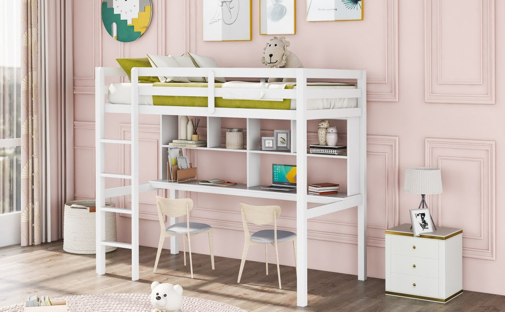 White Twin Loft Bed With Desk and Shelves - Loft Beds