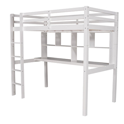 White Twin Loft Bed With Desk and Shelves - Loft Beds