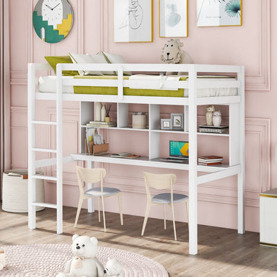 White Twin Loft Bed With Desk and Shelves - Loft Beds