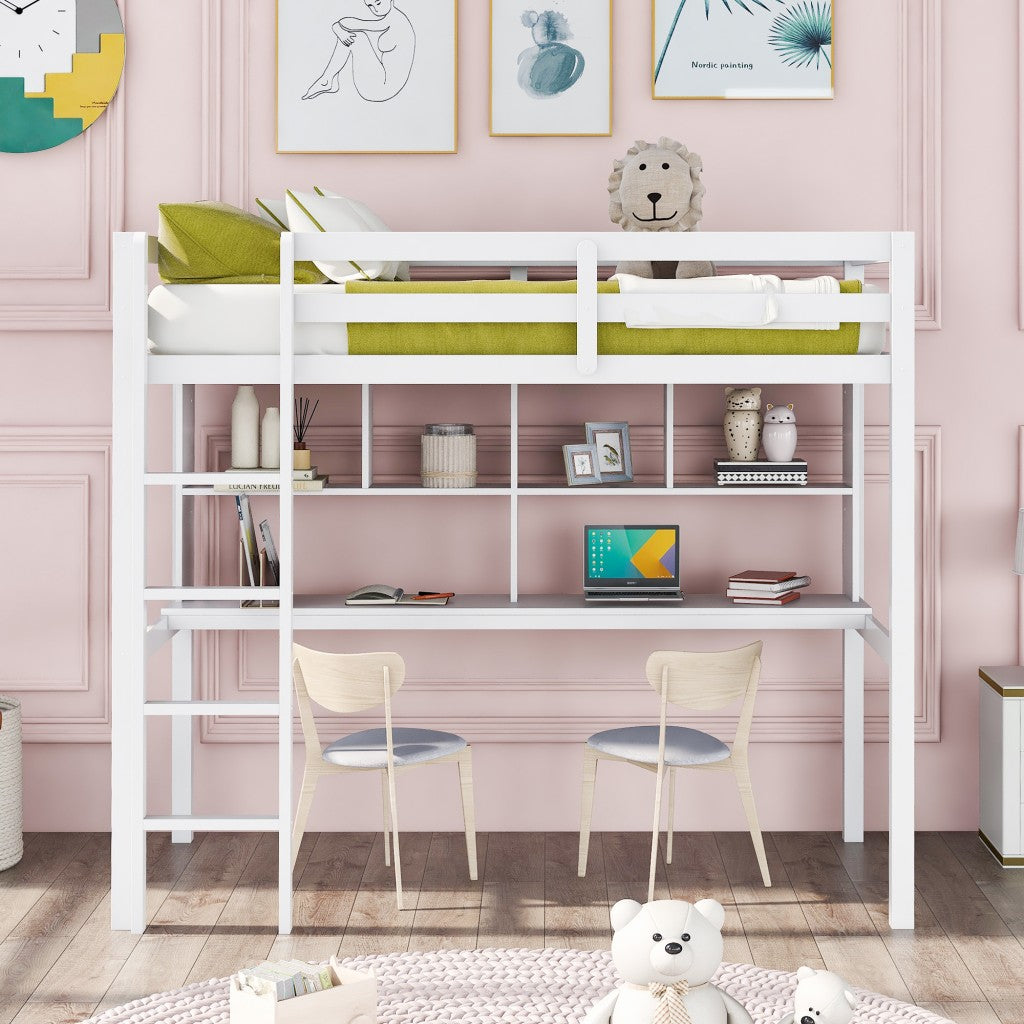 White Twin Loft Bed With Desk and Shelves - Loft Beds