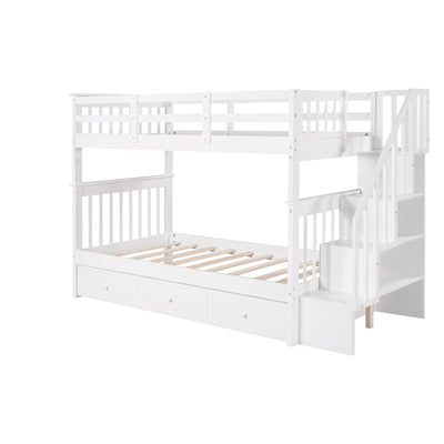 White Twin Over Twin Bunk Bed with Stairway and Drawers - Bunk Beds