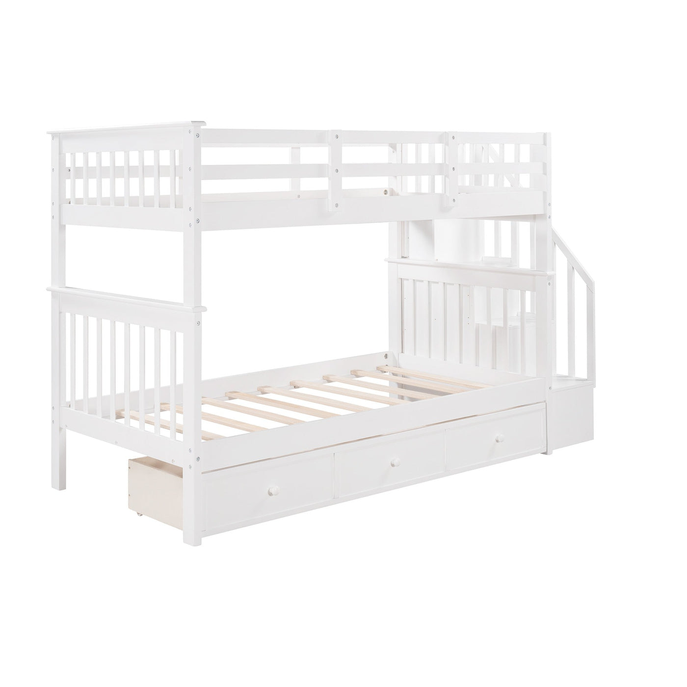 White Twin Over Twin Bunk Bed with Stairway and Drawers - Bunk Beds