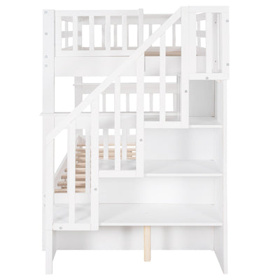 White Twin Over Twin Bunk Bed with Stairway and Drawers - Bunk Beds