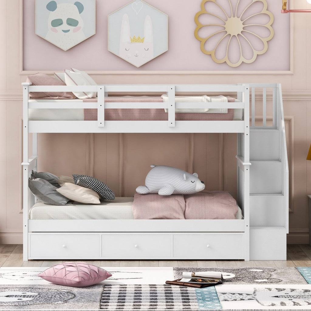 White Twin Over Twin Bunk Bed with Stairway and Drawers - Bunk Beds