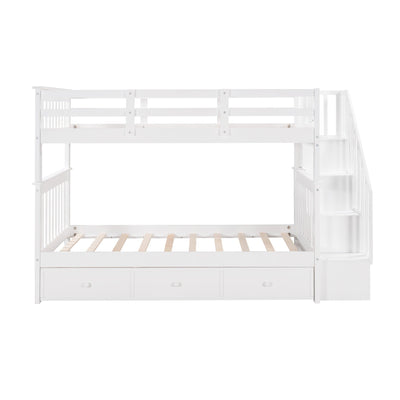 White Twin Over Twin Bunk Bed with Stairway and Drawers - Bunk Beds