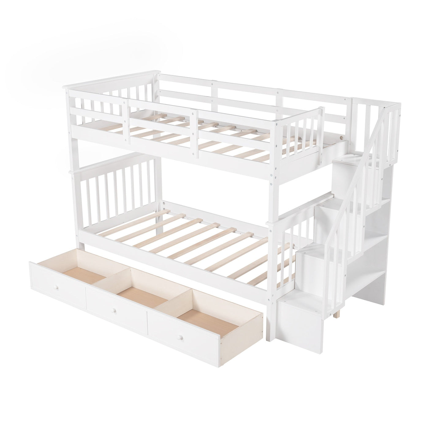 White Twin Over Twin Bunk Bed with Stairway and Drawers - Bunk Beds