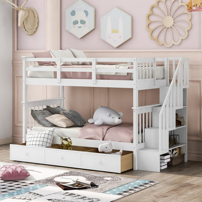 White Twin Over Twin Bunk Bed with Stairway and Drawers - Bunk Beds