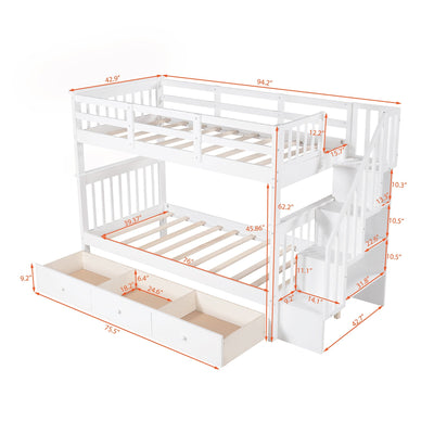 White Twin Over Twin Bunk Bed with Stairway and Drawers - Bunk Beds