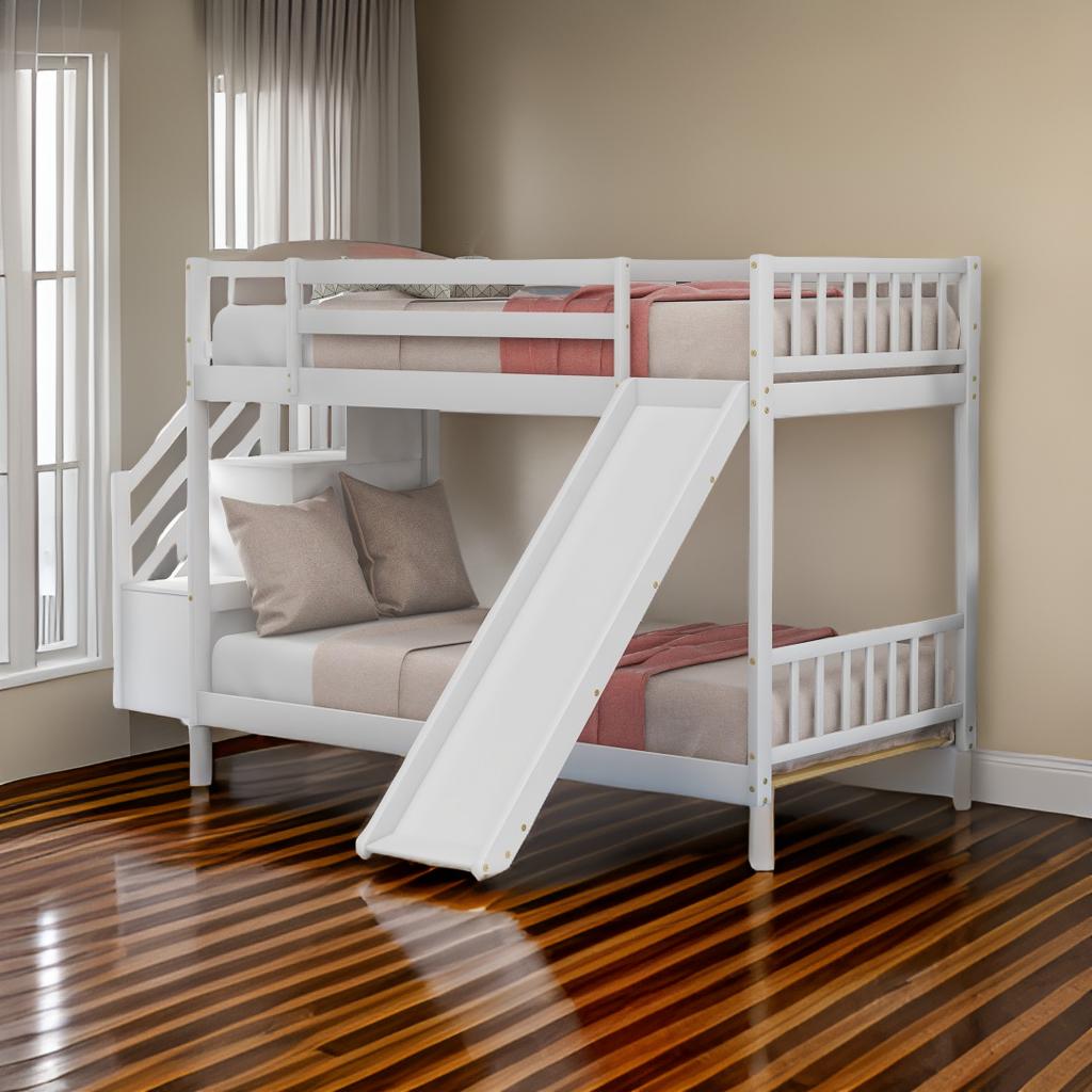 White Twin Over Twin Bunk Bed with Stairway and Slide - Bunk Beds