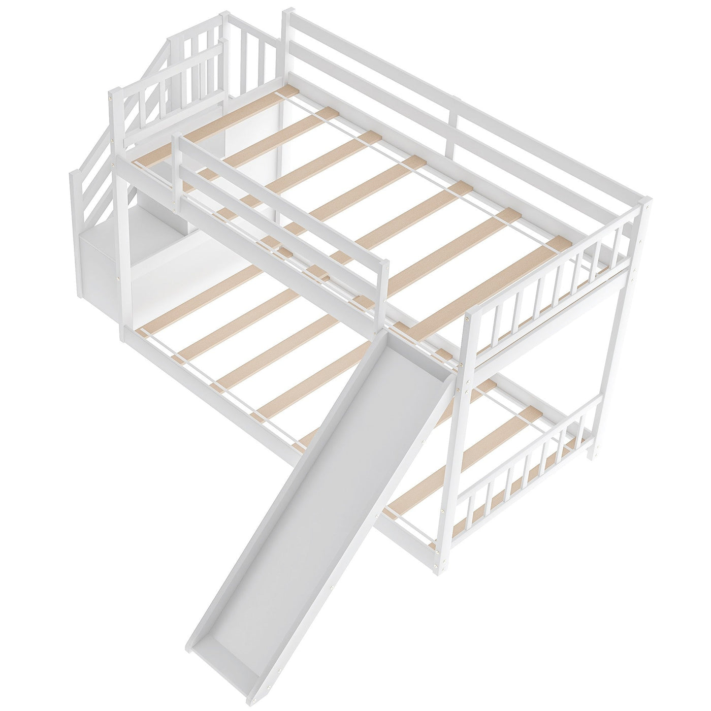 White Twin Over Twin Bunk Bed with Stairway and Slide - Bunk Beds