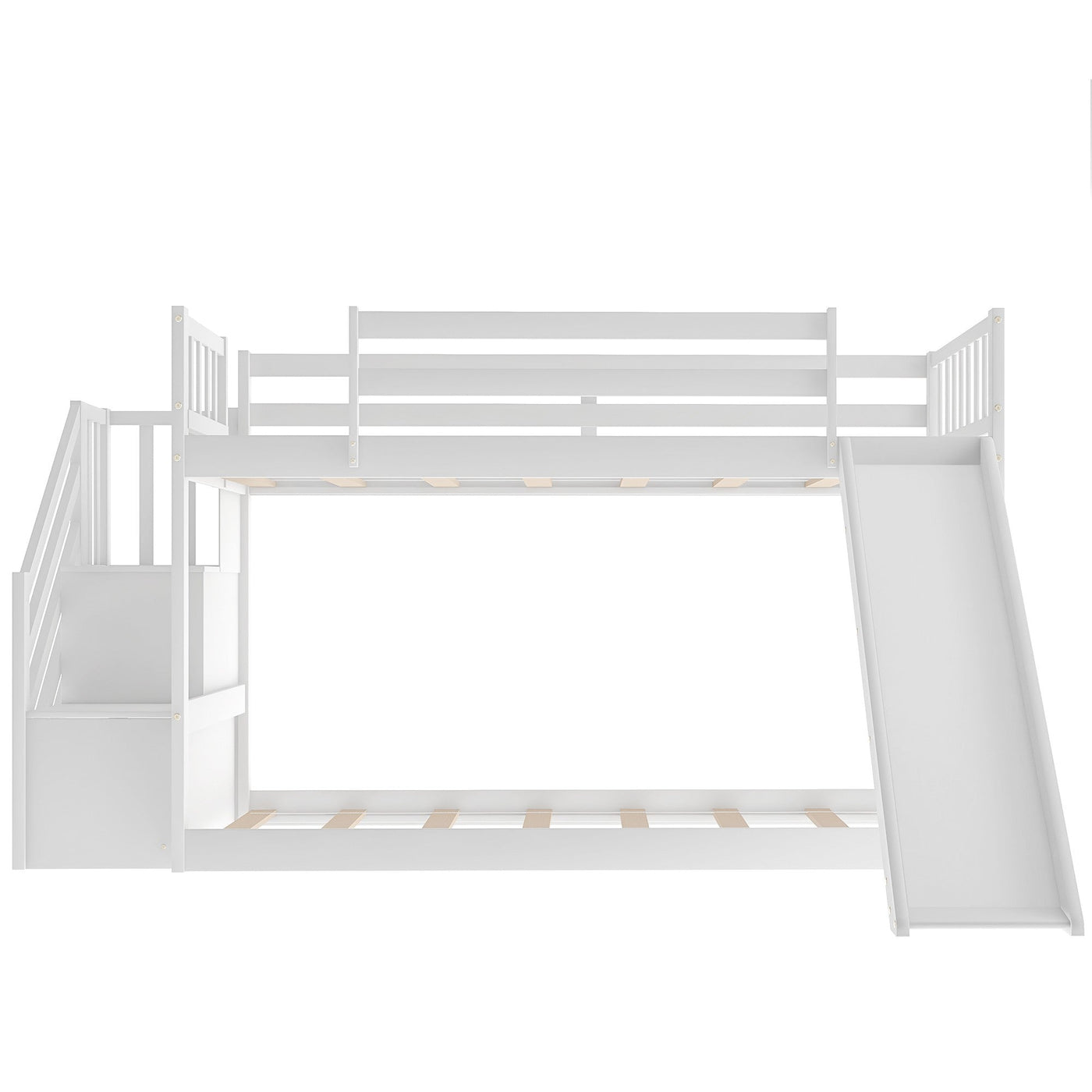 White Twin Over Twin Bunk Bed with Stairway and Slide - Bunk Beds