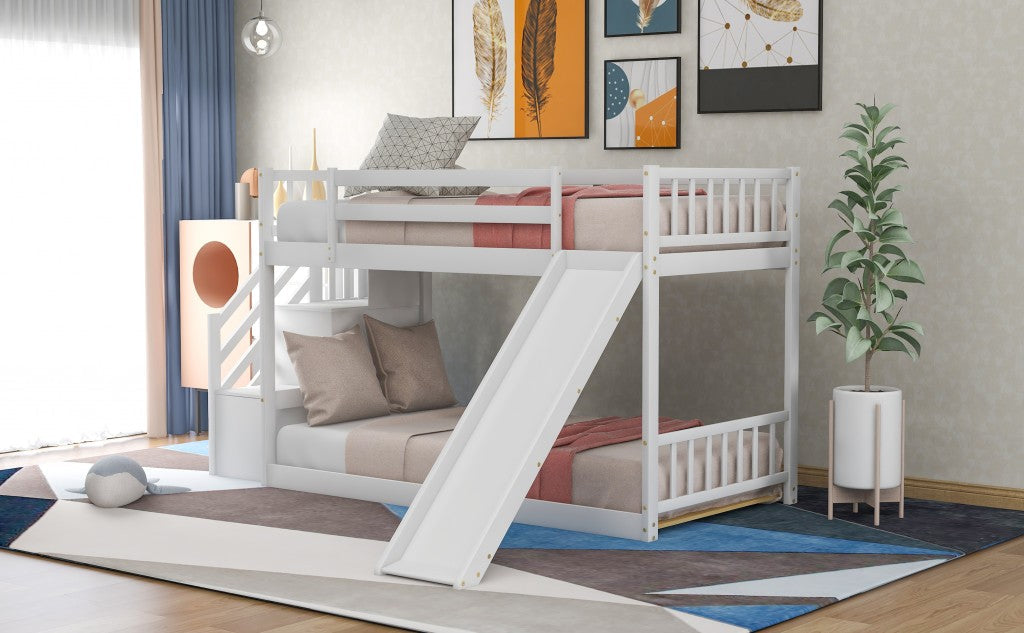 White Twin Over Twin Bunk Bed with Stairway and Slide - Bunk Beds