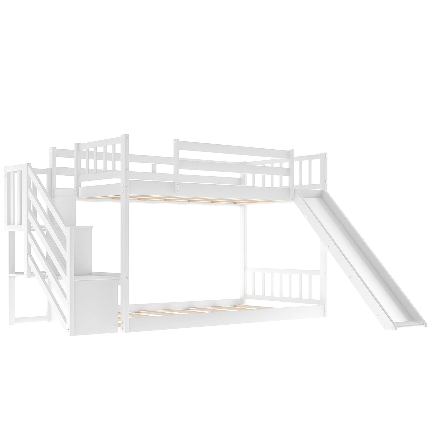 White Twin Over Twin Bunk Bed with Stairway and Slide - Bunk Beds