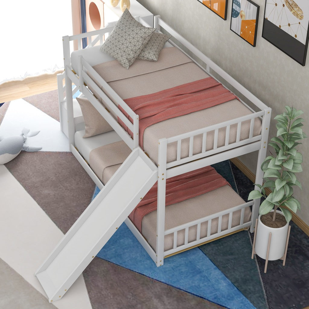 White Twin Over Twin Bunk Bed with Stairway and Slide - Bunk Beds