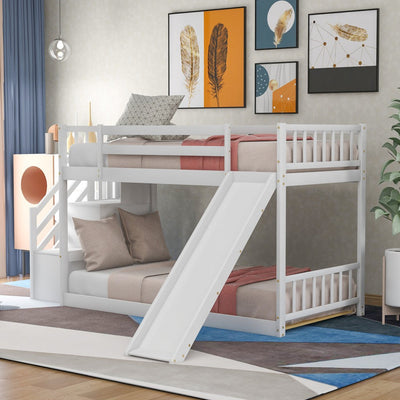 White Twin Over Twin Bunk Bed with Stairway and Slide - Bunk Beds