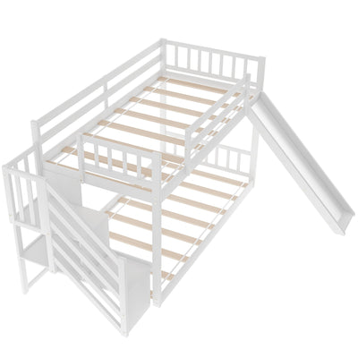 White Twin Over Twin Bunk Bed with Stairway and Slide - Bunk Beds