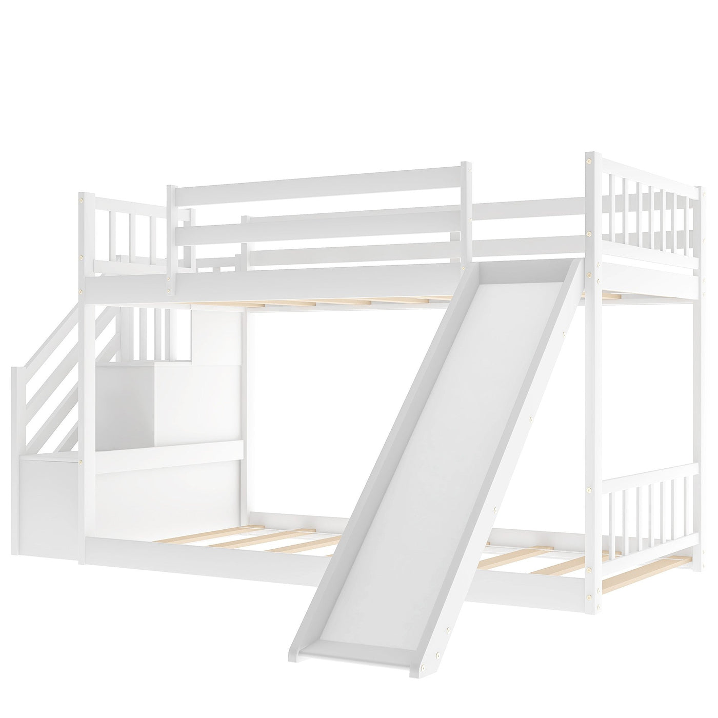 White Twin Over Twin Bunk Bed with Stairway and Slide - Bunk Beds