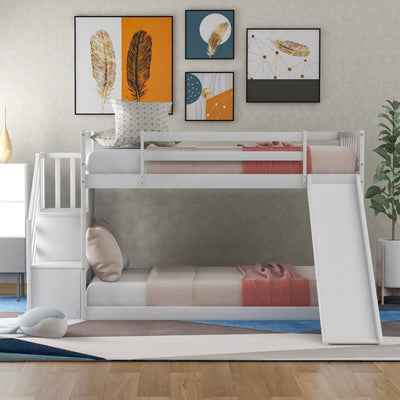 White Twin Over Twin Bunk Bed with Stairway and Slide - Bunk Beds