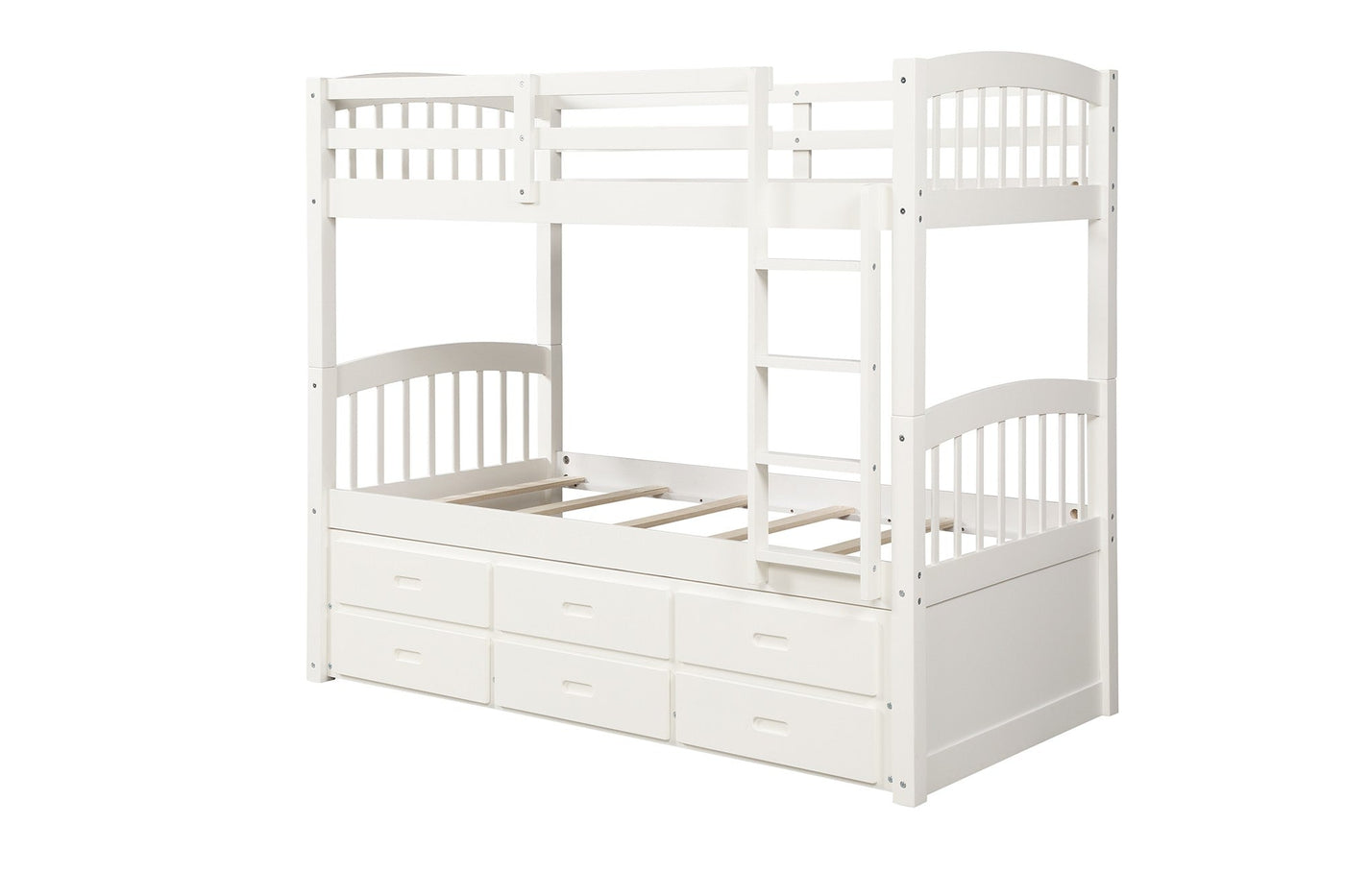 White Twin Over Twin Bunk Bed with Trundle and Drawers - Bunk Beds