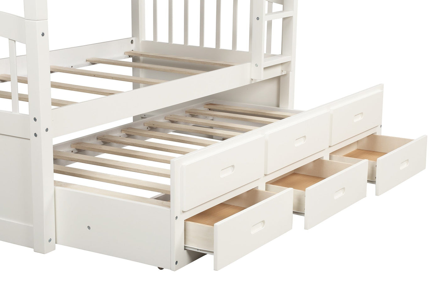 White Twin Over Twin Bunk Bed with Trundle and Drawers - Bunk Beds