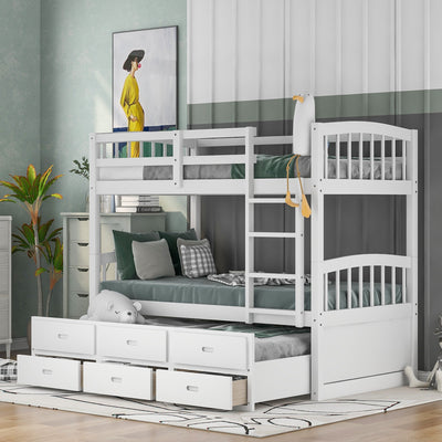 White Twin Over Twin Bunk Bed with Trundle and Drawers - Bunk Beds