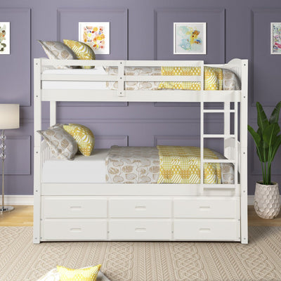 White Twin Over Twin Bunk Bed with Trundle and Drawers - Bunk Beds