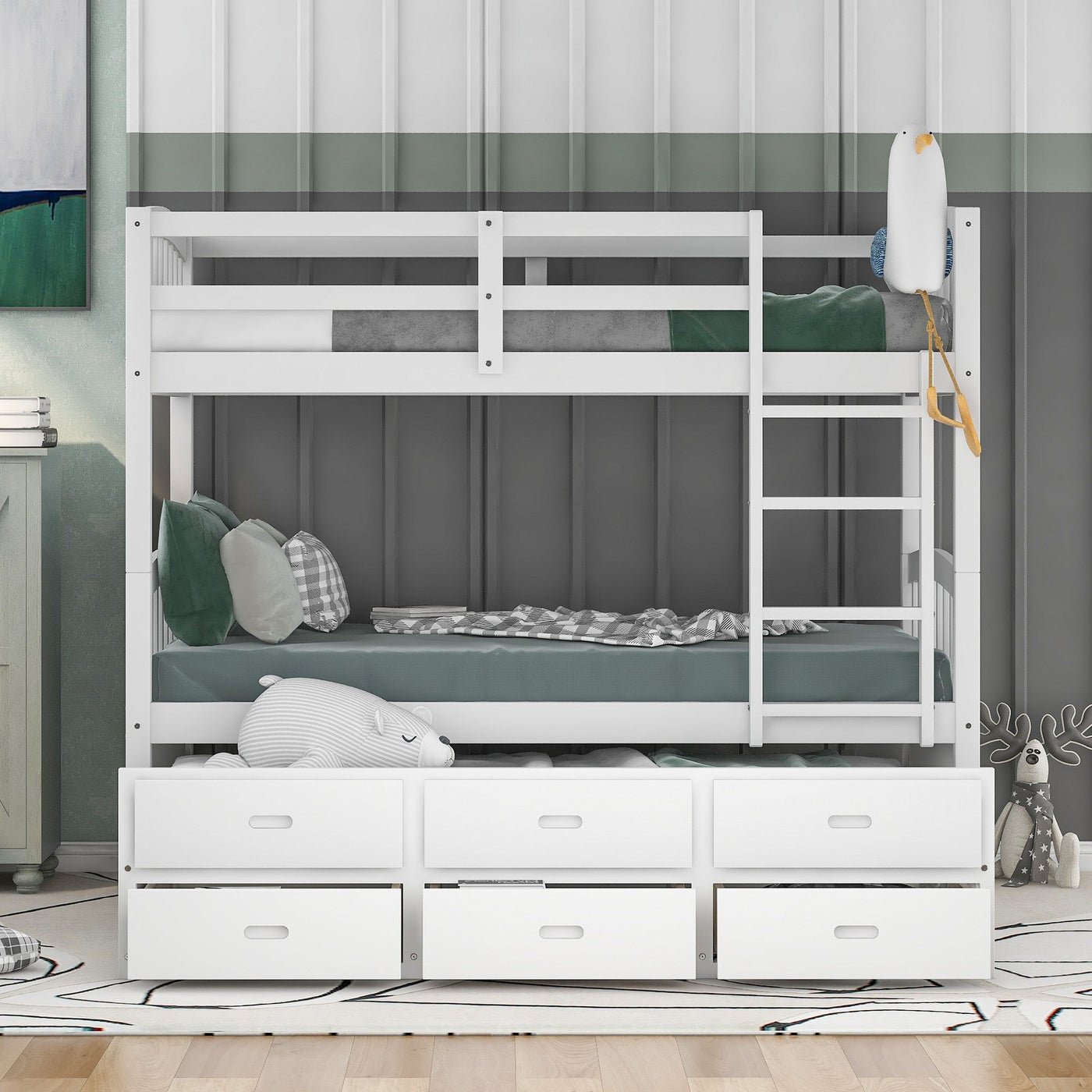 White Twin Over Twin Bunk Bed with Trundle and Drawers - Bunk Beds