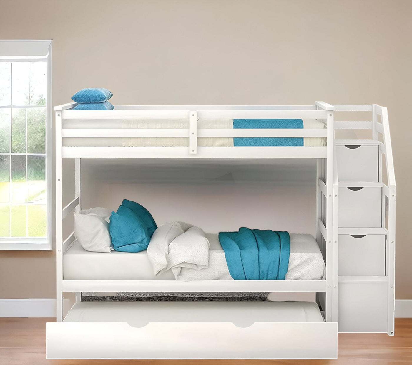 White Twin Over Twin Bunk Bed with Trundle - Bunk Beds