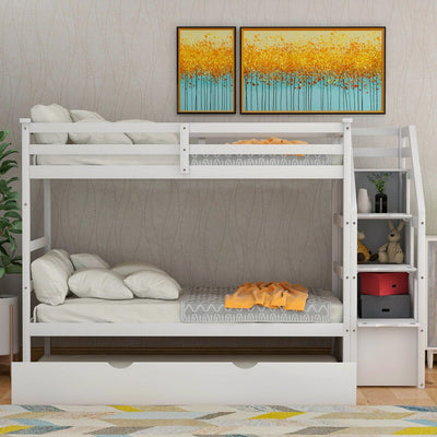 White Twin Over Twin Bunk Bed with Trundle - Bunk Beds