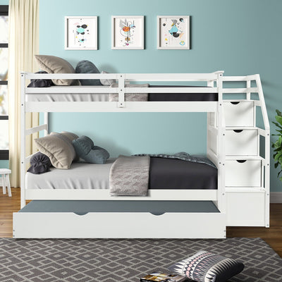 White Twin Over Twin Bunk Bed with Trundle - Bunk Beds