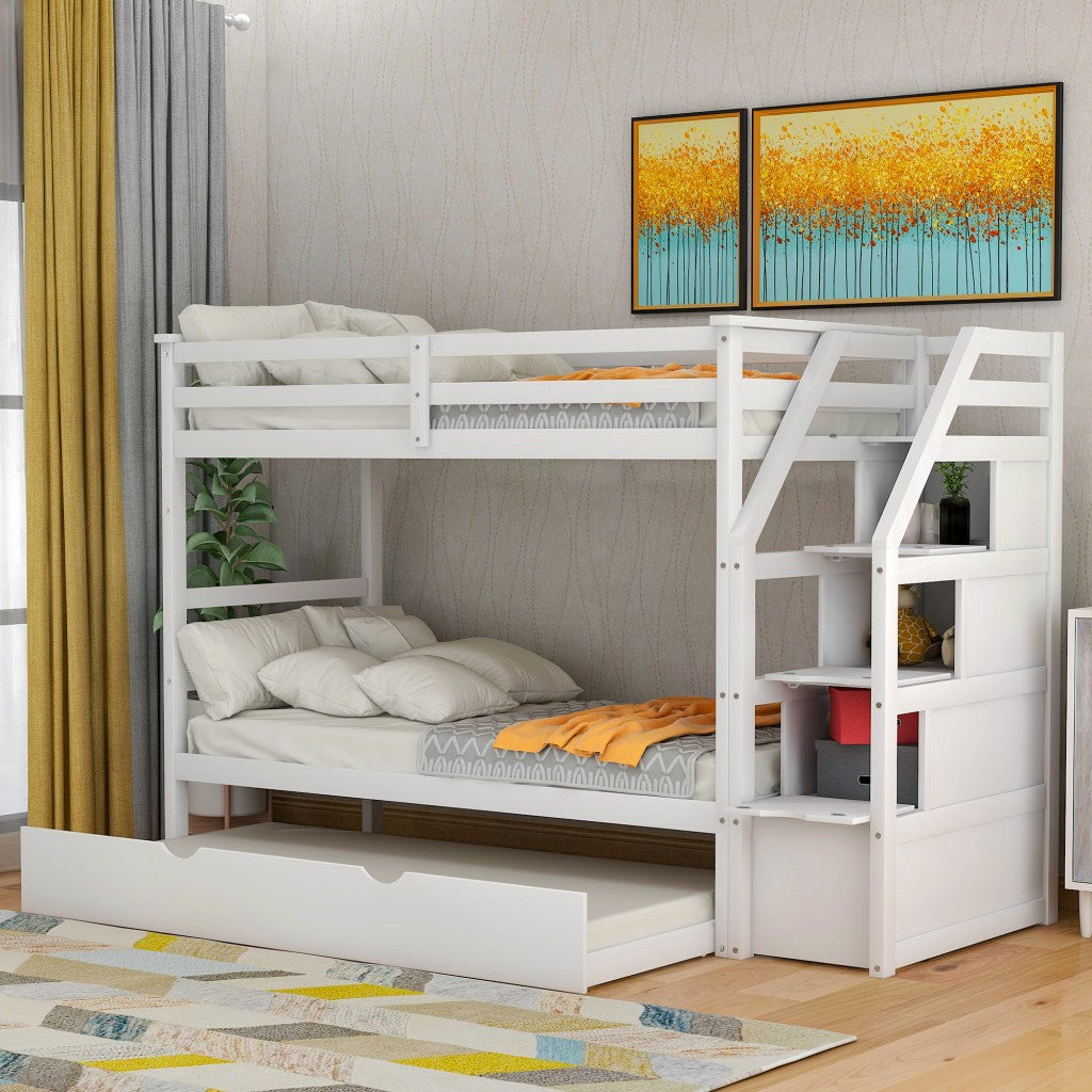 White Twin Over Twin Bunk Bed with Trundle - Bunk Beds