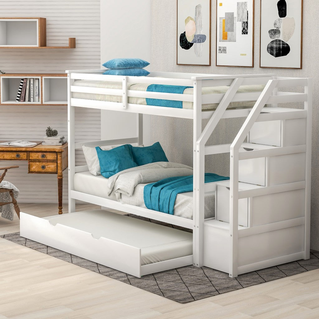 White Twin Over Twin Bunk Bed with Trundle - Bunk Beds