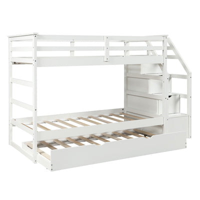 White Twin Over Twin Bunk Bed with Trundle - Bunk Beds